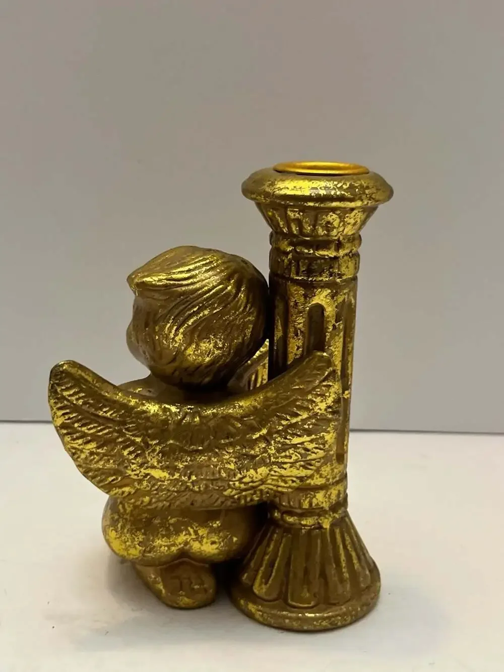 Vintage Gold Cherub Candle Holder with Angel Playing Lyre and Pillar
